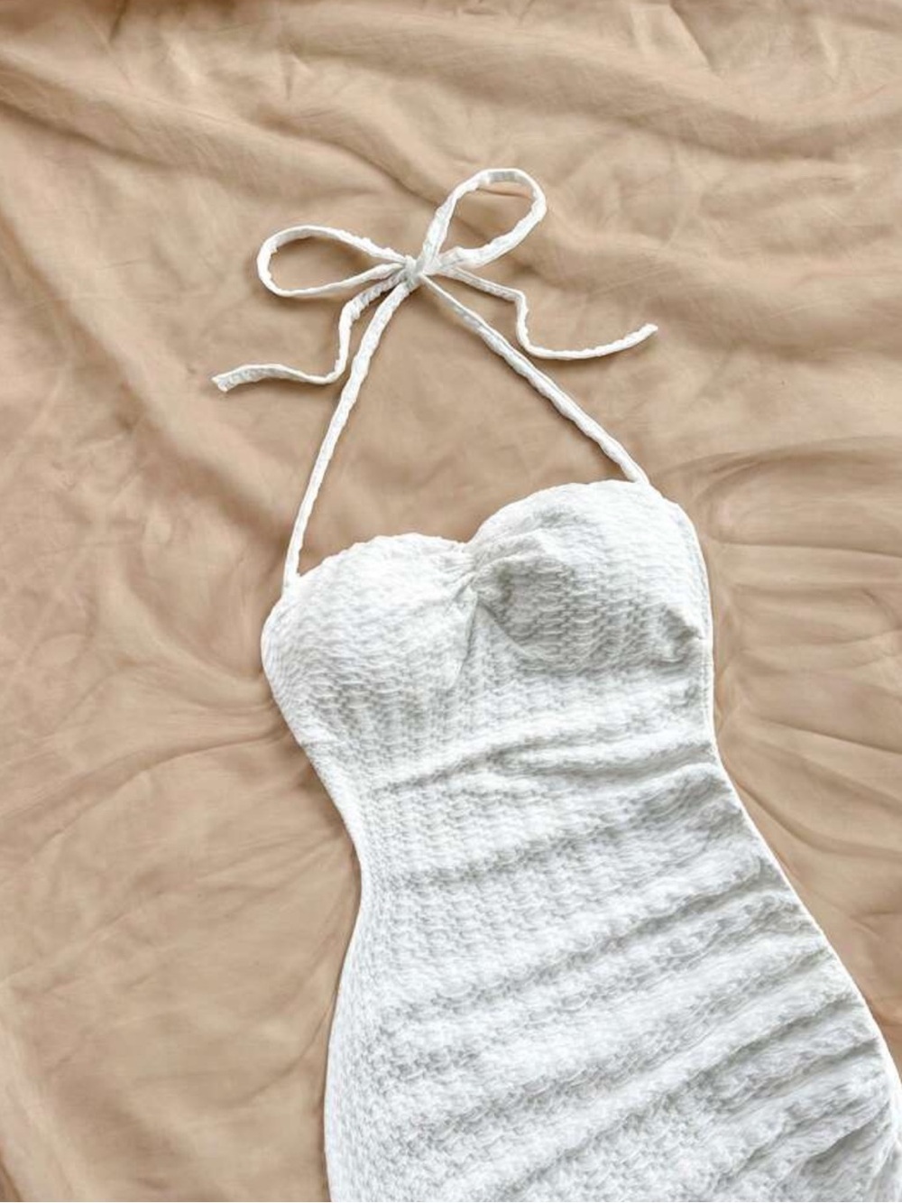 White Halter Neck Textured Asymmetrical Mini Dress Drawstring Ruched - Picture 3 of 5